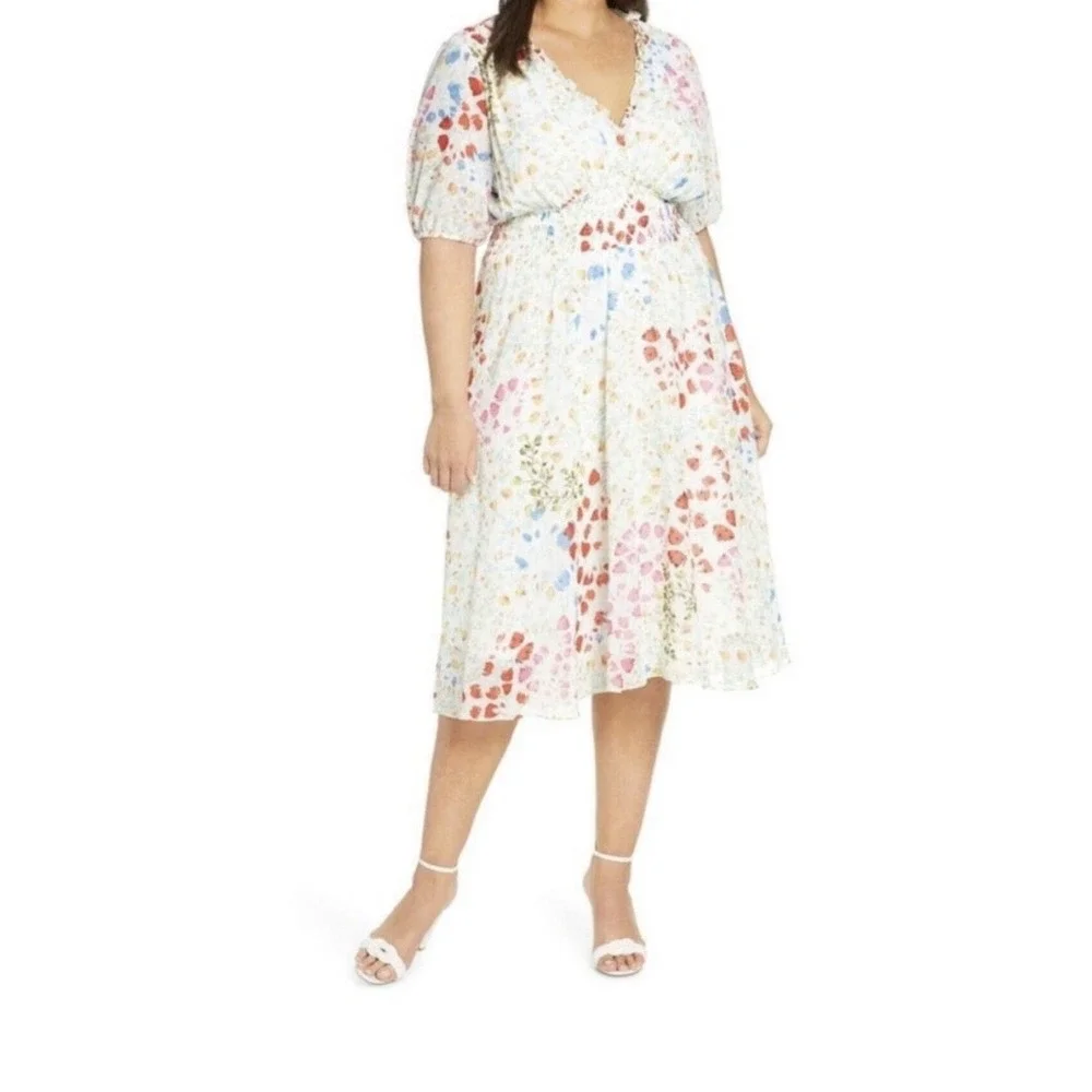 Maison Tara Floral Chiffon Clip Dot V Neck Smocked Midi Dress Size 10